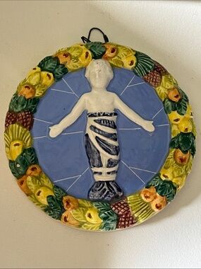 Vintage Della Robbia Style Baby Jesus Wall Plaque Italy Fruit Ceramic Relief
